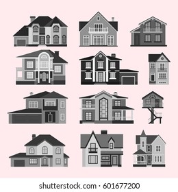Houses front face view vector illustration building architecture home construction estate residential property roof set apartment black housing cottage. Human building home front facade construction