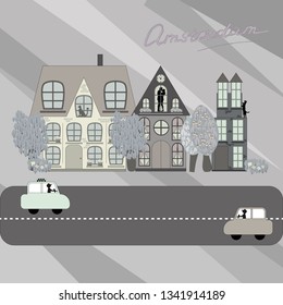 Houses front view with roof. Old Amsterdam house. Home facade with doors and windows