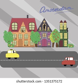 Houses front view with roof. Old Amsterdam house. Home facade with doors and windows