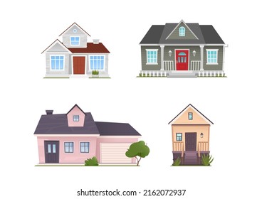 Houses front view set. Isolated on white background. Cartoon vector illustration