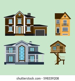 Houses front view vector illustration building architecture home construction estate residential property roof set apartment housing cottage