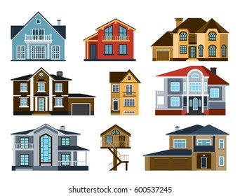 Houses front view vector illustration building architecture home construction estate residential property roof set apartment housing cottage