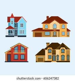 Houses front view vector illustration building architecture home construction estate residential property roof set apartment housing cottage