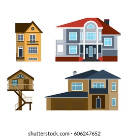 Houses front view vector illustration building architecture home construction estate residential property roof set apartment housing cottage