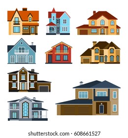 Houses front view vector illustration building architecture home construction estate residential property roof set apartment housing cottage