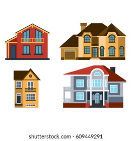 Houses front view vector illustration building architecture home construction estate residential property roof set apartment housing cottage