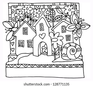 Houses and garden - spring, hand drawn illustration