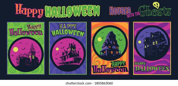 Houses with the Ghosts Halloween Party Banner Templates, Original Psychedelic Colors Posters