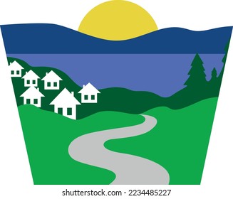 Houses Grass Green Sea Mountain Sun Trees Landscape - (Editable file) Vector Illustration