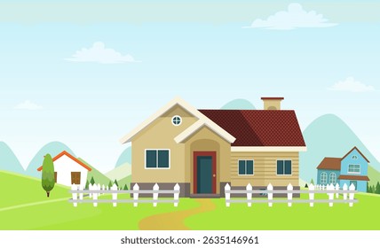 Maisons sur fond vert, Image vectorielle sur fond vert, illustration sur fond avant de maison de dessin animé
