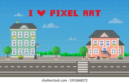 Houses and green trees along urban paved road pixel art scene. Apartment pixelated city building