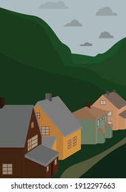 Houses in a green valley with green hills. Vector flat illustration of countryside in mountains, city. Design for cards, posters, t-shirts, backgrounds.