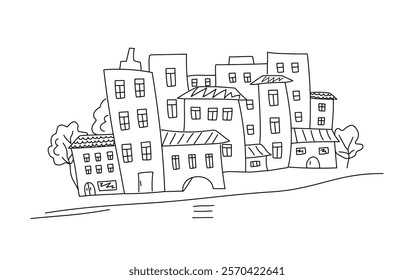 Houses, hand drawn city. Drawing, doodle. Outline, architecture, construction, black and white monochrome vector illustration on isolated background.