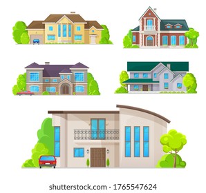 Houses, home buildings architecture, property real estate cottages and apartments, vector flat icons. Modern residential villas and mansion buildings, family houses, cottages, apartments and townhouse