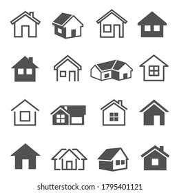 Houses, home, cottage line and bold icons set isolated on white. Building, cabin, barn, chalet pictograms collection. Property, maisonette, storage shed vector elements for infographic, web.