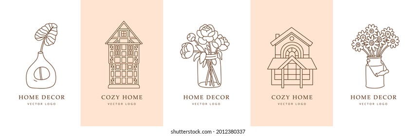 Houses and home decor logo collection. Simple outline concept for interior design studio, hotel business, real estate, hostel, rental housing. Stay home concept.  Hand drawn trendy illustrations.
