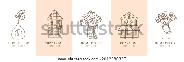 Houses and home decor logo collection.\
Simple outline concept for interior design studio, hotel business,\
real estate, hostel, rental housing. Stay home concept.  Hand drawn\
trendy illustrations.