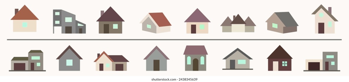 Houses and huts, color icons. A collection of icons of houses. Vector huts.