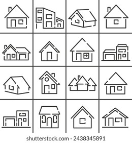 Casas y cabañas, iconos de vector de línea discontinua. Una colección de iconos de casas. Cabañas vectoriales