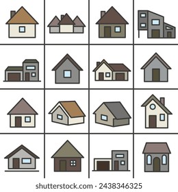 Houses and huts icons colored with strokes. A collection of icons of houses. Vector huts.

