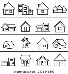 Houses and huts line vector icons. A collection of icons of houses. Vector huts.