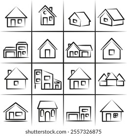 Houses and huts line vector icons. A collection of icons of houses. 