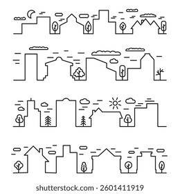 Houses and huts in one line. Urban landscape icons. Different huts. EPS 10.