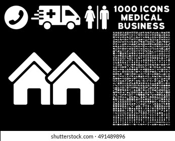 Houses icon with 1000 medical commerce white vector pictograms. Design style is flat symbols, black background.