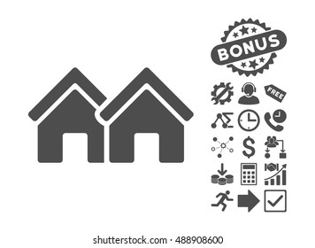 Houses icon with bonus symbols. Vector illustration style is flat iconic symbols, gray color, white background.