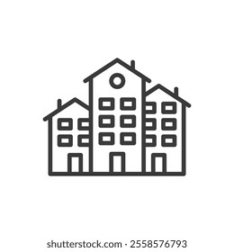 Houses, icon in line design. Houses, home, residence, neighborhood, apartment, villa, cottage, real estate on white background vector. Houses, icon in line design editable stroke icon