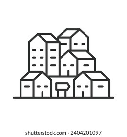 Diseño de la línea de iconos de las casas. Aldea, campo de construcción, pueblo, cabañas, campo, vecindario, vecindario ilustración vectorial. Icono de trazo editable de las casas.