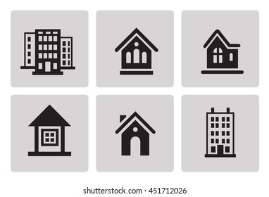 Houses icon set in minimalist style. Black sign on gray background