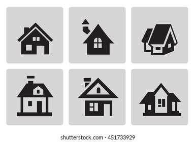 Houses icon set in minimalist style. Black sign on gray background