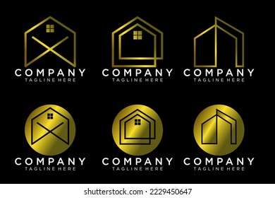 Houses icons and logo templates set in golden colors isolated on black background.