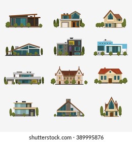 Houses icons. Set of 12 icons flat design vector images.