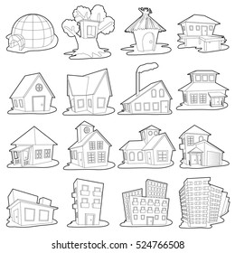 Houses icons set. Outline cartoon illustration of 16 houses vector icons for web