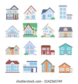 Houses icons set. Urban and suburban house collection. Different shapes and designs. Town house and cottage. vector illustration