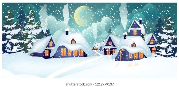 Houses with illuminated windows in village vector illustration. Houses with snow on roofs and falling snow. Countryside concept