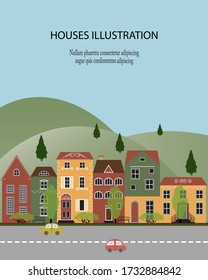 Houses illustration. Flat vector design. Cute isolated elements for creating card, banner or map. Town landscape.
