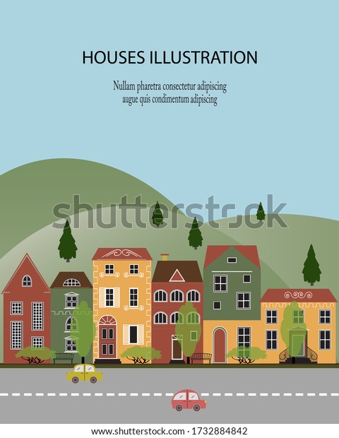 Houses\
illustration. Flat vector design. Cute isolated elements for\
creating card, banner or map. Town\
landscape.\
