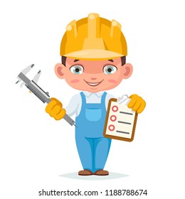 Houses inspection professional work clothes measuring tool tablet for records in hand builder cartoon engineer character design vector illustration