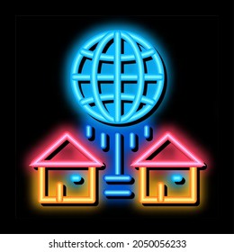 houses internet connection neon light sign vector. Glowing bright icon houses internet connection sign. transparent symbol illustration