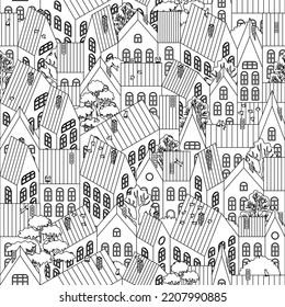 Houses are an isometric projection. Cute beautiful town  seamless pattern.Contour illustration, coloring. Texture for fabric, wrapping, wallpaper