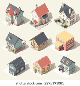 Houses isometric set vector illustration isolated