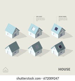 Houses In Isometric View With Shadow, Including Roof Skylight And Rooftop Solar Panels Including With Symbol.