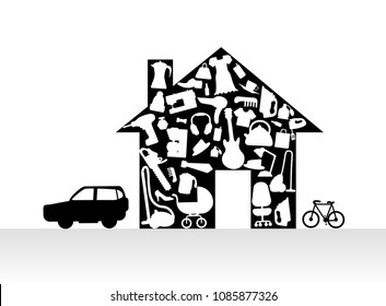 Houses items Appliances Icon set in house silhouette background illustration, vector