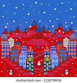 Houses. Landscape on blue, red, pink and white colors background. Vector Abstract Architecture Illustration. Flat Design Urban.