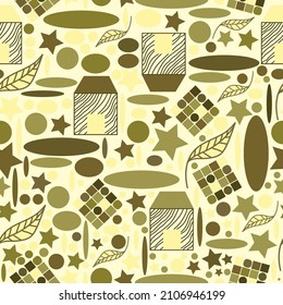 houses and leaves with star and circles abstract seamless pattern for fabric. Retro house building and circles with stars and squares seamless fabric pattern.