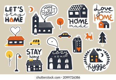 Houses lettering stickers. Cute homes with funny cozy short quotes. Cars and trees. Isolated emblems with real estate and phrases. Park lantern and pets. Vector city