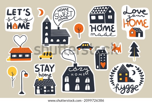 Houses lettering stickers.\
Cute homes with funny cozy short quotes. Cars and trees. Isolated\
emblems with real estate and phrases. Park lantern and pets. Vector\
city